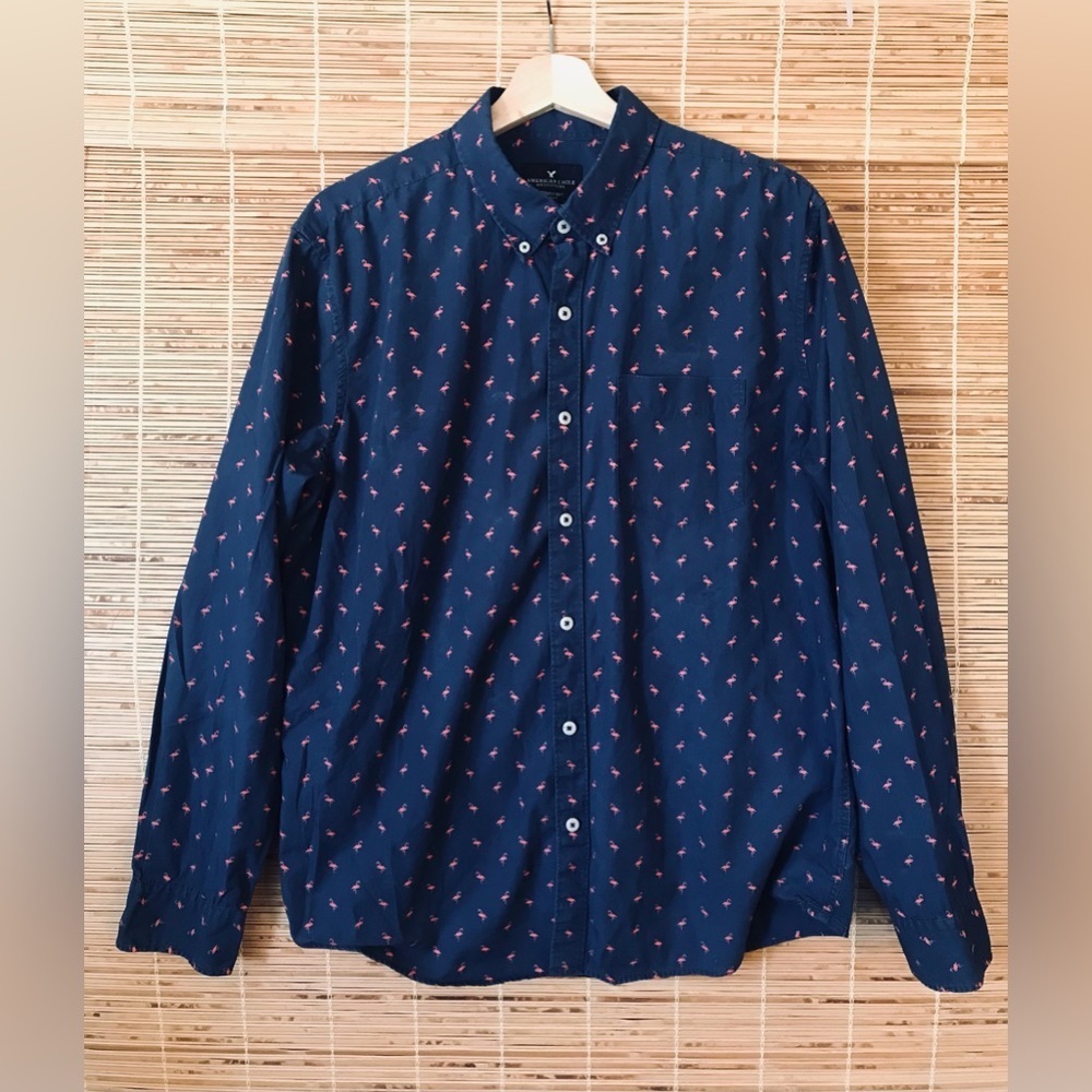 American Eagle Outfitters Mens Navy and Pink Flamingo Dress Shirt Size Large